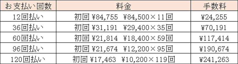 舌側全体矯正（ハーフリンガル）治療費分割払い例