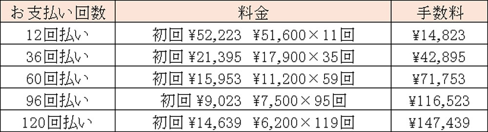 マウスピース矯正（全体）治療費分割払い例